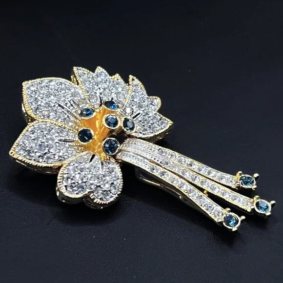 Vintage Flower Brooch Faux Blue Sapphire and Swarovski 18K Elec. Designer Signed - Picture 3 of 9